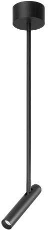 Zwarte hanglamp met cilindrische lampenkap en dunne bevestigingsstang. Minimalistisch ontwerp, ideaal voor een moderne omgeving.