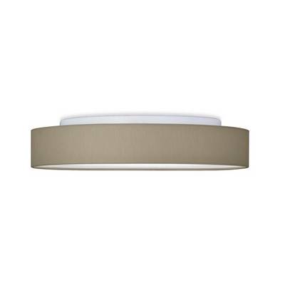 Ronde, moderne plafondlamp met een strakke, lichtbruine kap en een witte diffuser, geschikt voor gelijkmatige ruimteverlichting.
