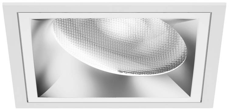 Een rechthoekige, inbouw plafondspot met een geribde oppervlakte, in een modern, minimalistisch design.