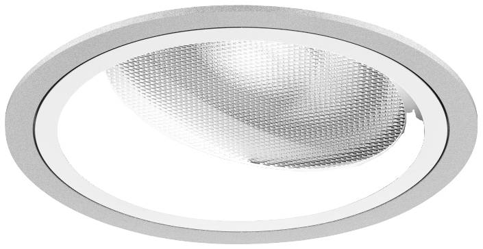 Ronde inbouwlamp van metaal, zilverkleurig, met gegolfd glas aan de binnenkant, geschikt voor moderne interieurtoepassingen.