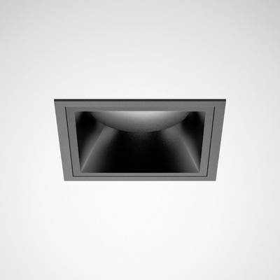 Zwarte vierkante inbouwspot op een witte plafond, lichtbron niet zichtbaar.