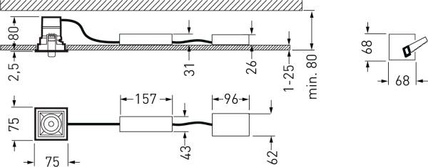 Technische tekening van een geïntegreerd elektrisch systeem. Toont afmetingen en positionering van componenten en kabels in millimeters.