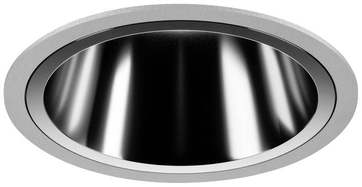 Een rond, zilver inbouw-downlight met zwarte reflector, geschikt voor moderne binnenverlichting.