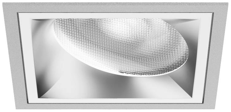 Plafondlamp met vierkante omlijsting en een gewelfd, gestructureerd reflectoroppervlak dat het licht gelijkmatig verspreidt.