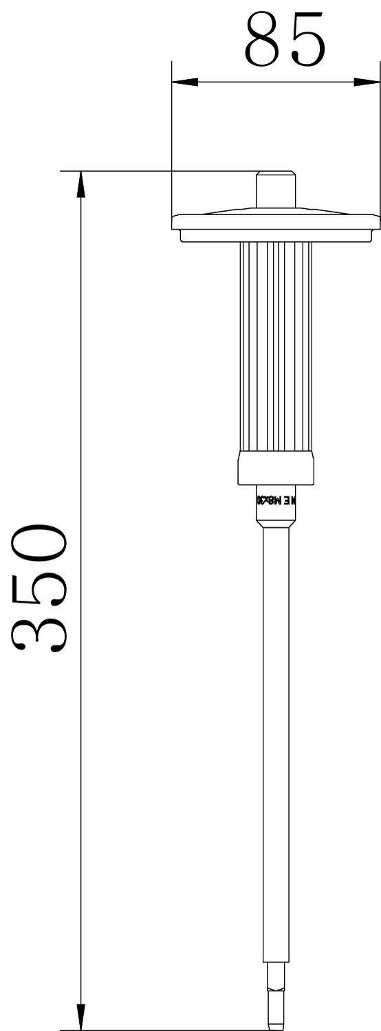 Tekening van een technische component met afmetingen: totale lengte 350 mm, breedte 85 mm. Toont ontwerp en afmetingen van een cilindrisch onderdeel.