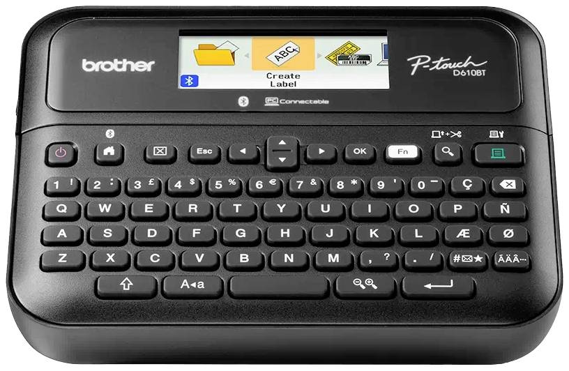Elektronisch etiketteerapparaat met toetsenbord en display; een combinatie van symbolen toont Bluetooth-verbinding en etikettenproductie.