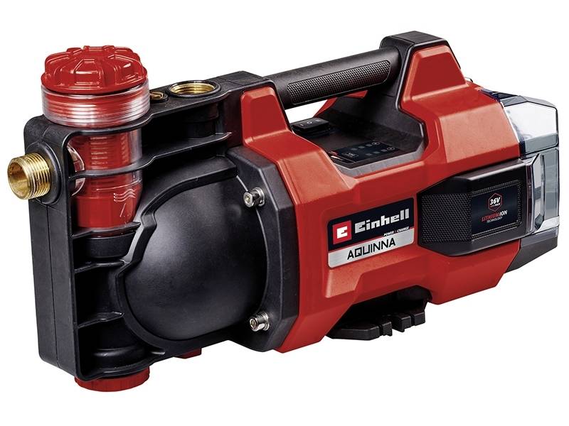 Einhell waterpomp Aquinna, rood-zwart design, compacte bouw met handgreep, geschikt voor tuinbesproeiing en watervoorziening.