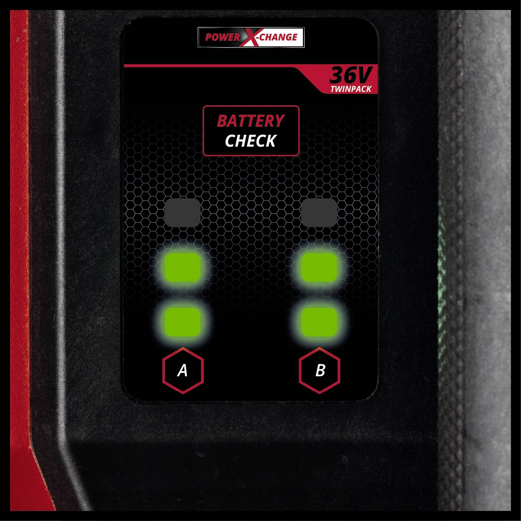Displaysymbool van een dubbele batterij-indicator, toont '36V Twinpack' en 'Battery Check', twee groene lampjes op A- en B-positie.
