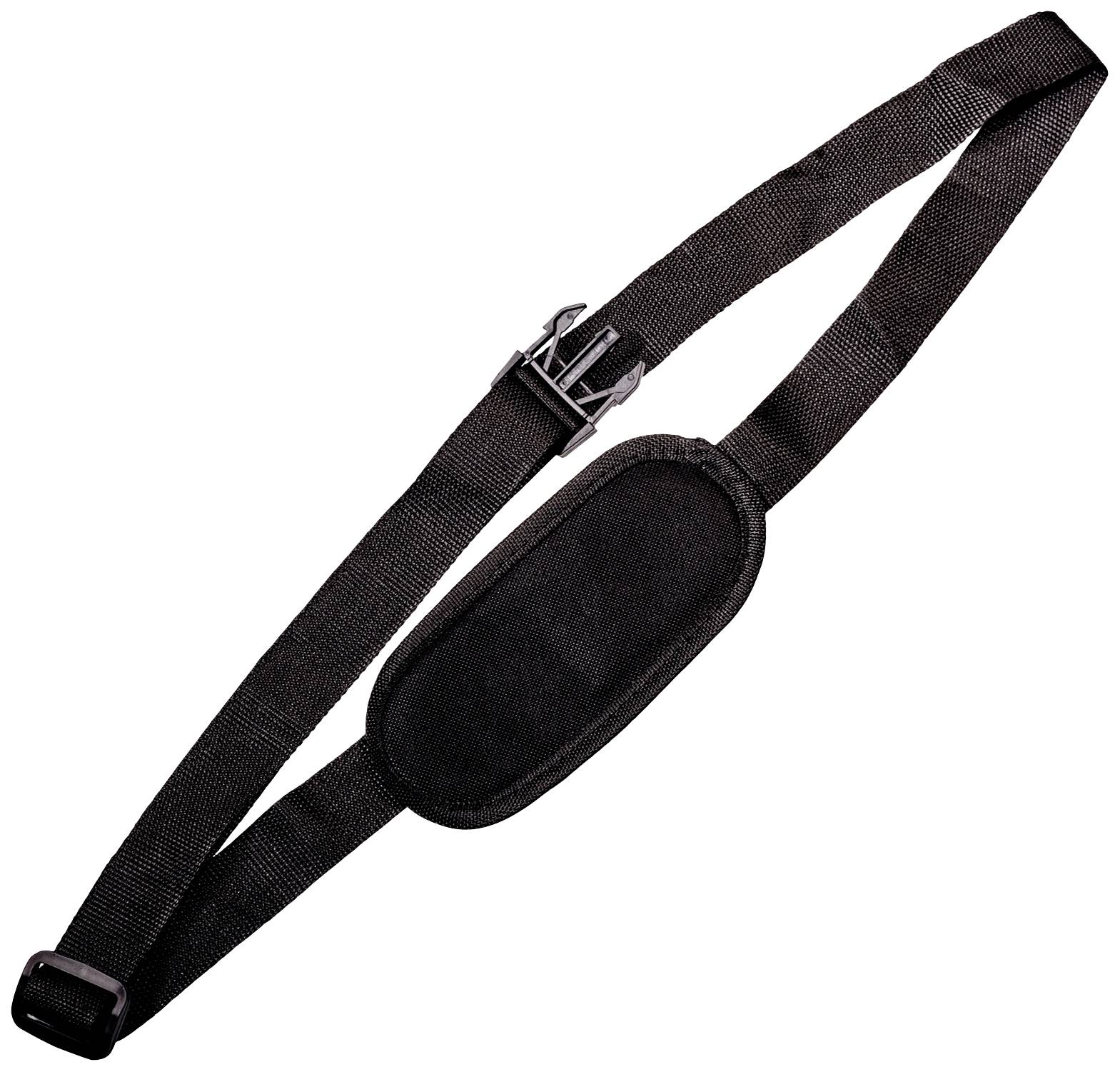 Een zwarte, verstelbare nylon draagriem met gewatteerde vulling en gesp, geschikt voor tassen of camera's.