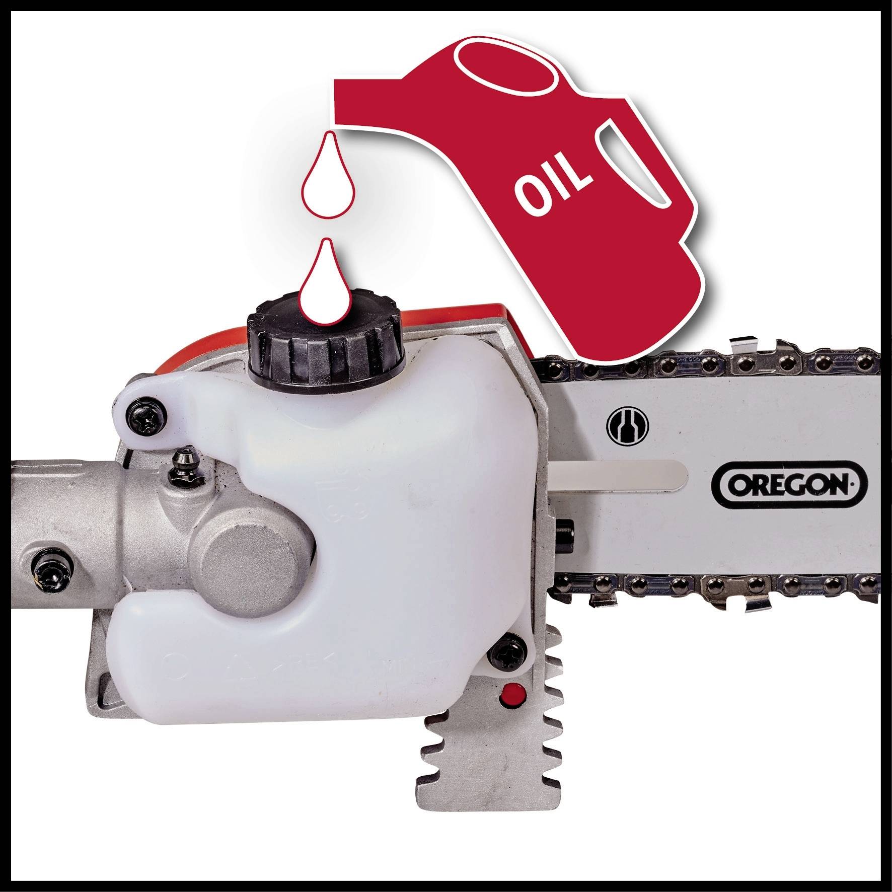 Kettingzaag met de nadruk op de juiste olievulling. Rood symbool toont oliekan boven de kettingoiltank.