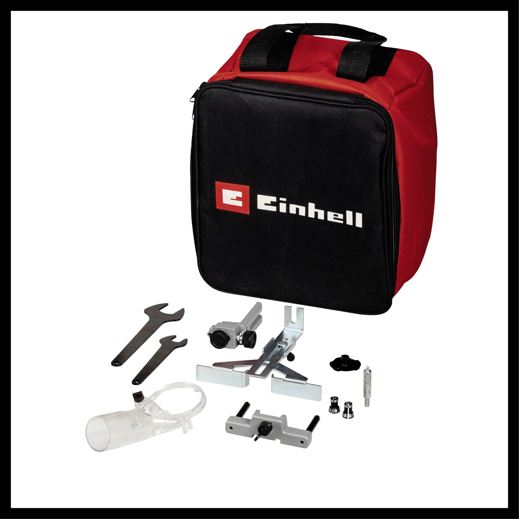 Einhell gereedschapstas met verschillende toebehoren zoals twee moersleutels, een houder en een plastic container.