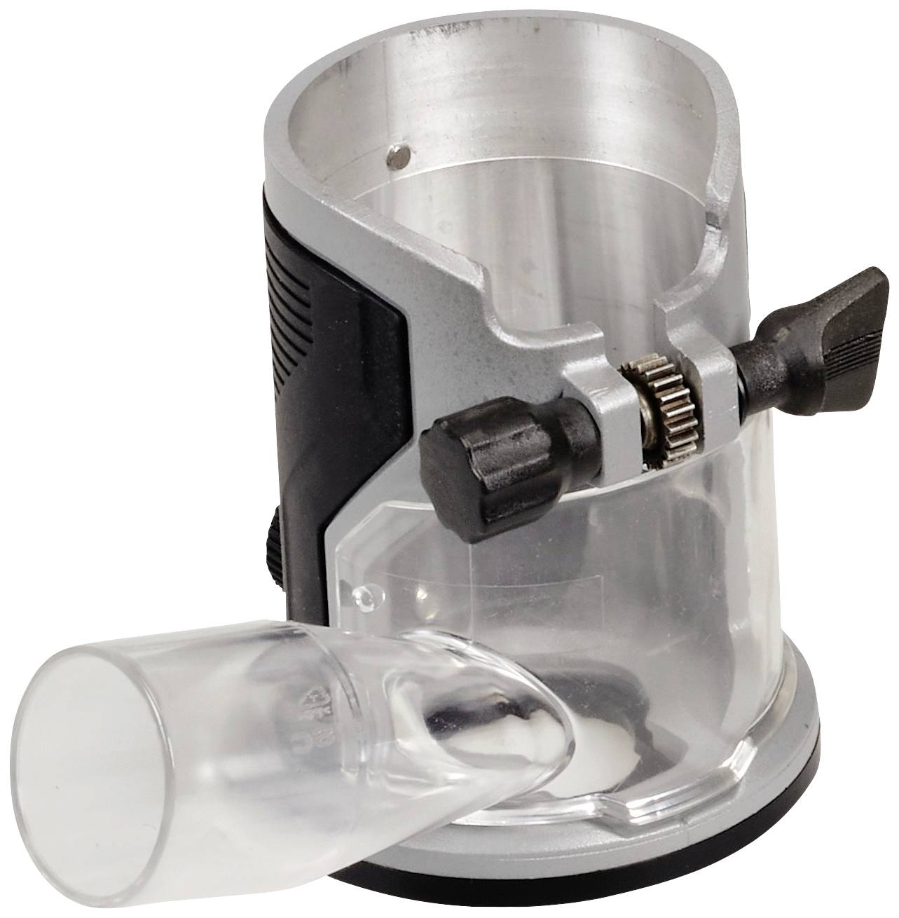 Een metalen adapter voor een freesmachine met kunststof kap. Dient ter geleiding of bescherming bij houtbewerking.