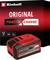 Twee rode Einhell-accu's, 18V lithium-ion, met verschillende capaciteiten: 5,2 Ah en 8,0 Ah.