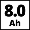 '8.0 Ah' staat in vette, zwarte letters op een witte achtergrond.