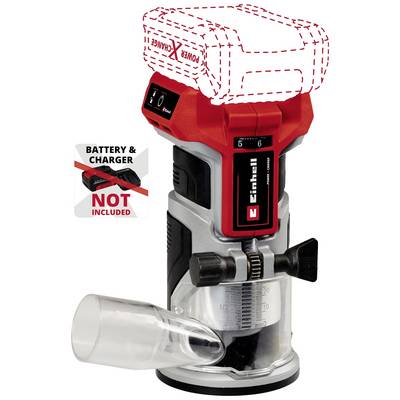 Accu-freesmachine in rood en zwart, zonder accu en oplader. Schaal voor diepteregulering en stofafzuigadapter zichtbaar.