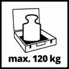 'Max. 120 kg' in een vierkant. Toont een zwaar gewicht in een open koffer, symboliseert maximale belastingslimiet.