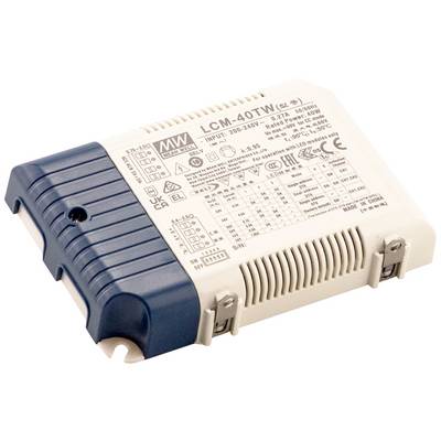 Een rechthoekige, wit-blauwe LED-driver van Mean Well met technische specificaties en symbolen op de bovenkant.