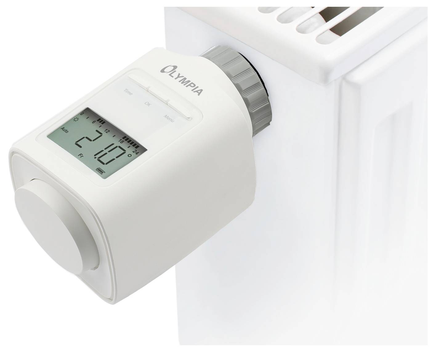 Een programmeerbare elektronische radiatorthermostaat geeft een ingestelde temperatuur van 21 graden Celsius aan.