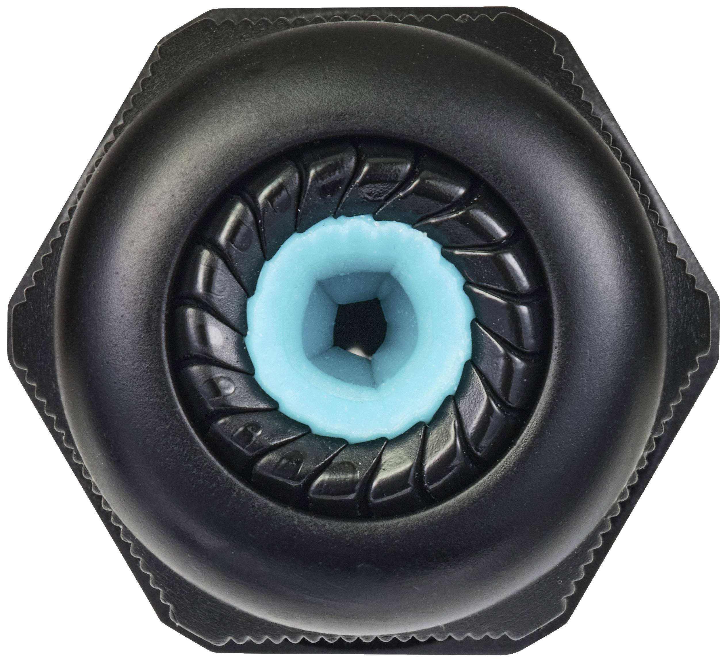 Close-up van een zwart-blauw structuurelement met concentrische patronen.