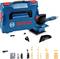 Een blauwe en rode Bosch handslpjpmachine ligt naast een bijpassende koffer. Verschillende slijpopzetstukken en toebehoren zijn zichtbaar.