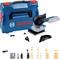Een Bosch slijpset met draagbaar slijpgereedschap, accu en toebehoren voor een stevige blauwe transportkoffer.