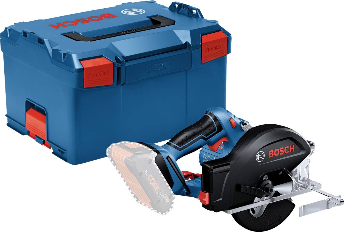 Bosch accu-handcirkelzaag in blauwe koffer met rode sluiting, voor houtbewerkingen.