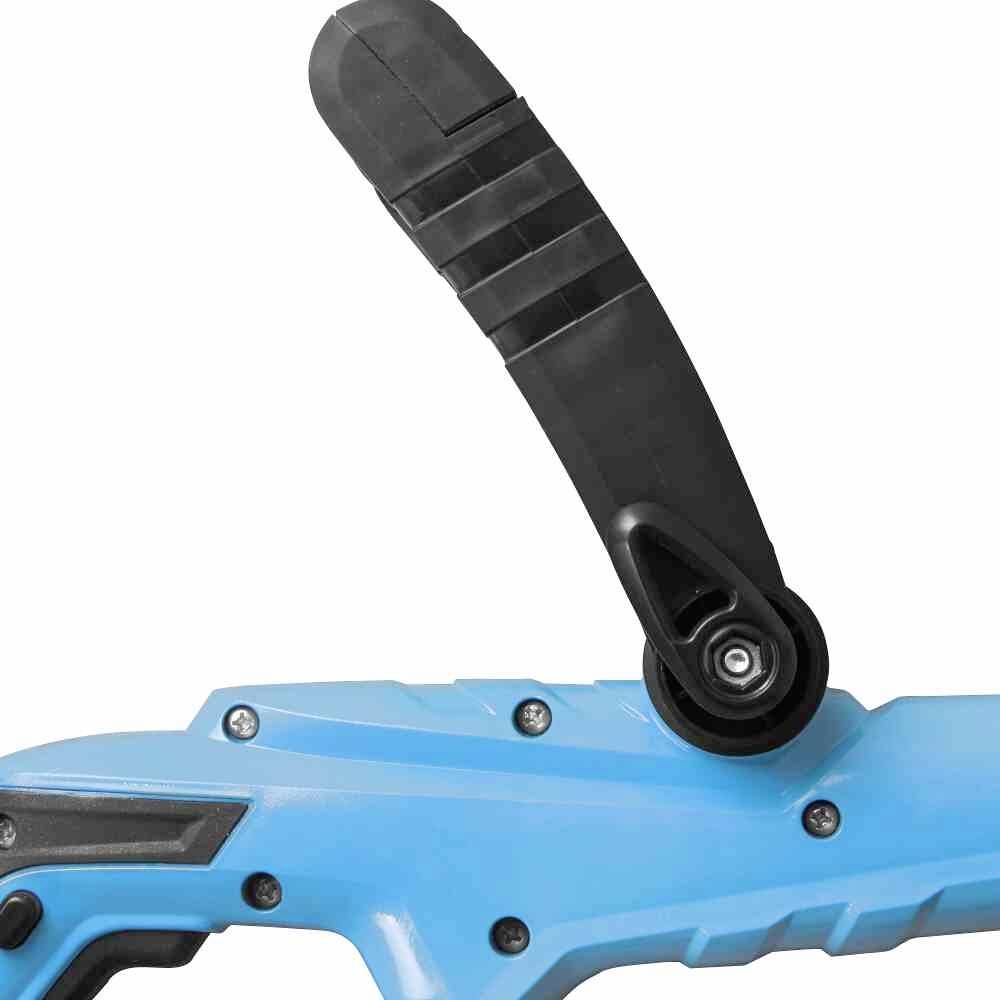 Deel van een blauw gereedschap met een zwarte hendel, waarschijnlijk een onderdeel van een groter apparaat.