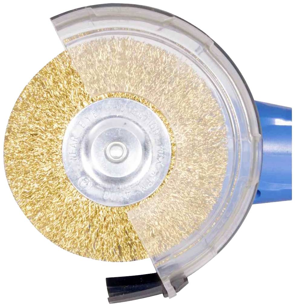 Gouden staalborstel, gemonteerd op een blauw gereedschap, gedeeltelijk omsloten door een transparante kunststof beschermkap.