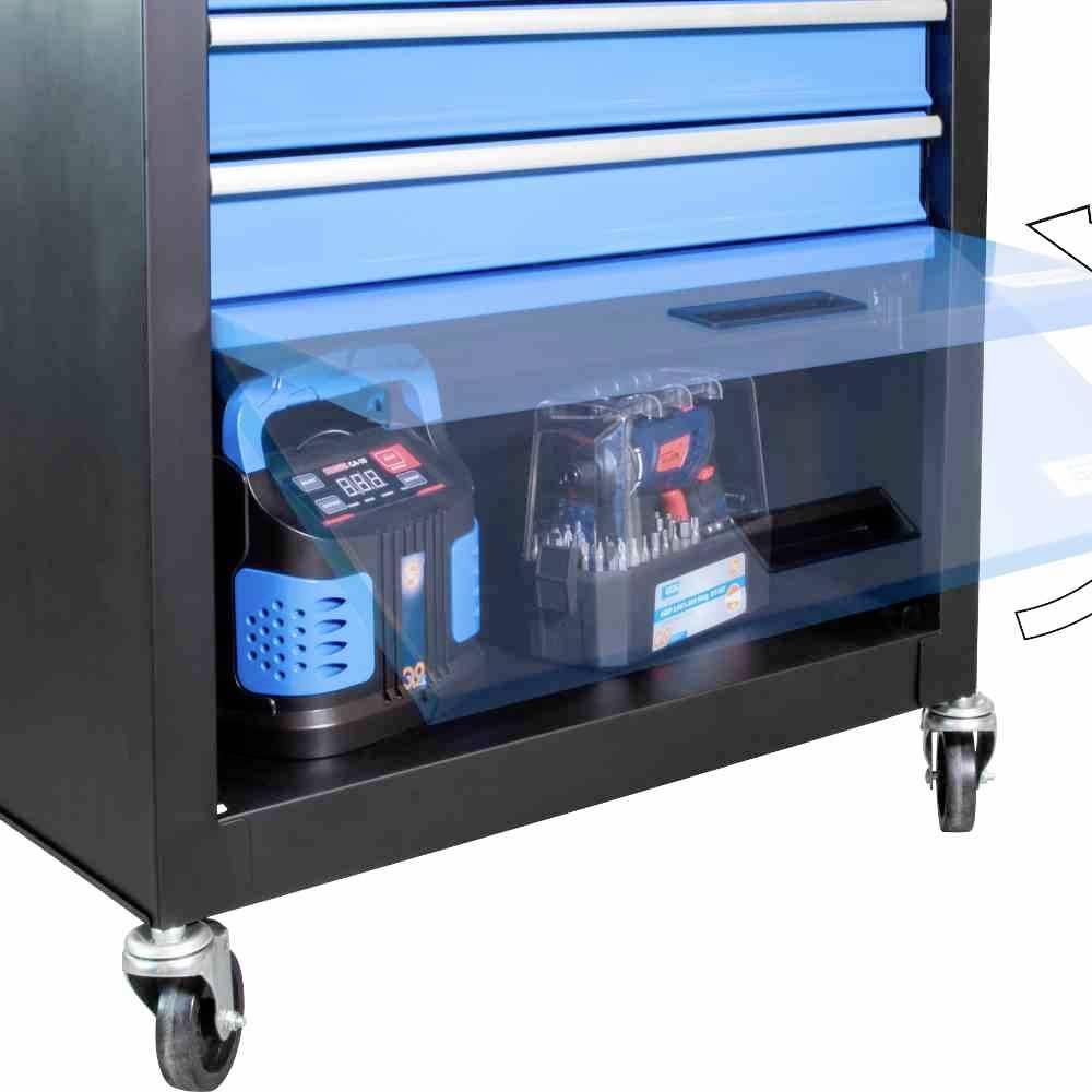 Metalen gereedschapswagen op wielen met een blauwe lade, opengevouwen. Binnenin: een oplader en een gereedschapskist.
