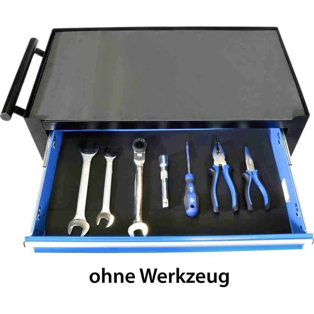 Een zwarte gereedschapslade met een open lade die zes verschillende handgereedschappen bevat, waaronder moersleutels en tangen. Daaronder staat 'zonder gereedschap'.