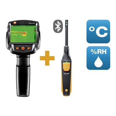 Warmtebeeldcamera en hygrometer met Bluetooth-logo. Display toont temperatuurmetingen. Symbolen voor temperatuur in °C en luchtvochtigheid in %RH.