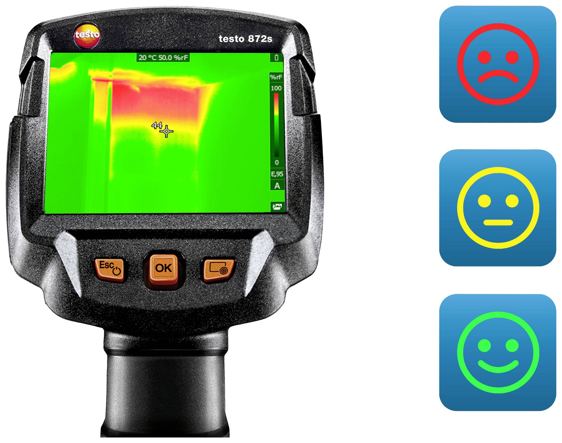 Een warmtebeeldcamera toont een temperatuurverloop in geel en rood. Naast de camera staan drie symbolen: een droevig, een neutraal en een lachend gezicht in respectievelijk rood, geel en groen.