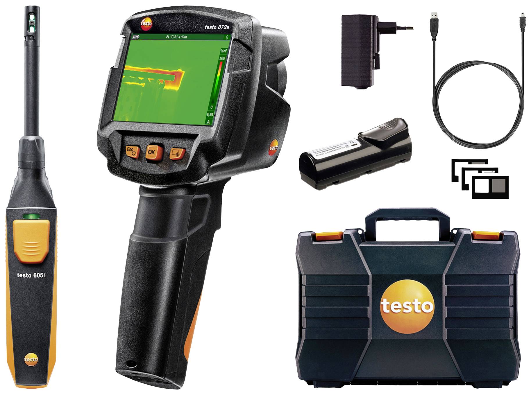 De afbeelding toont thermografie- en vochtmetingsapparatuur, waaronder een warmtebeeldcamera, vochtmeter, oplader, USB-kabel en een koffer van het merk Testo.