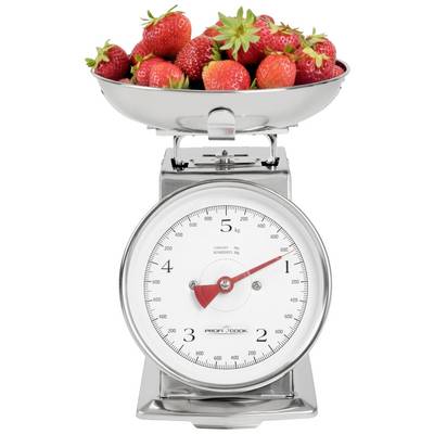 Metalen keukenweegschaal met aardbeien in de kom, die een gewicht van ongeveer 500 gram aangeeft.