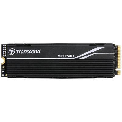 Zwarte Transcend MTE250H SSD met gouden contacten aan de rechterkant, opvallende tekst en gestreept ontwerp op de bovenkant.