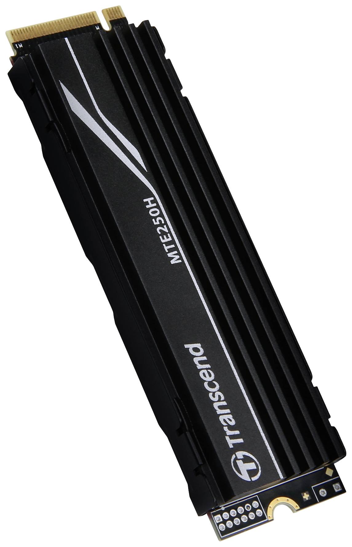 Zwart SSD-station met opvallende koelribben en de tekst 'Transcend MTE250S', ontworpen voor high-performance opslag.