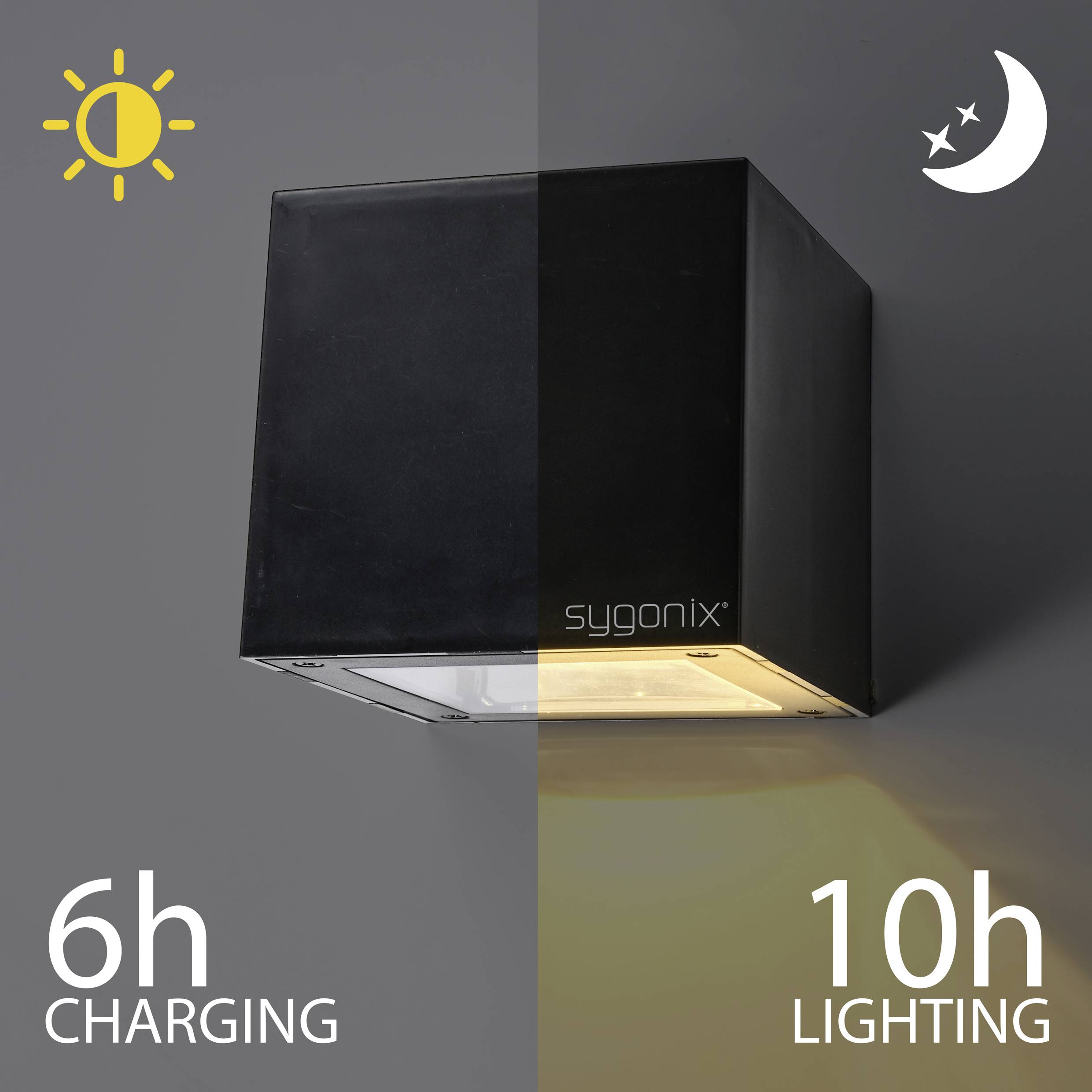 Een zwarte lamp toont de functies: Opladen bij zonlicht (6u) en verlichting 's nachts (10u). Zon- en maansymbolen.