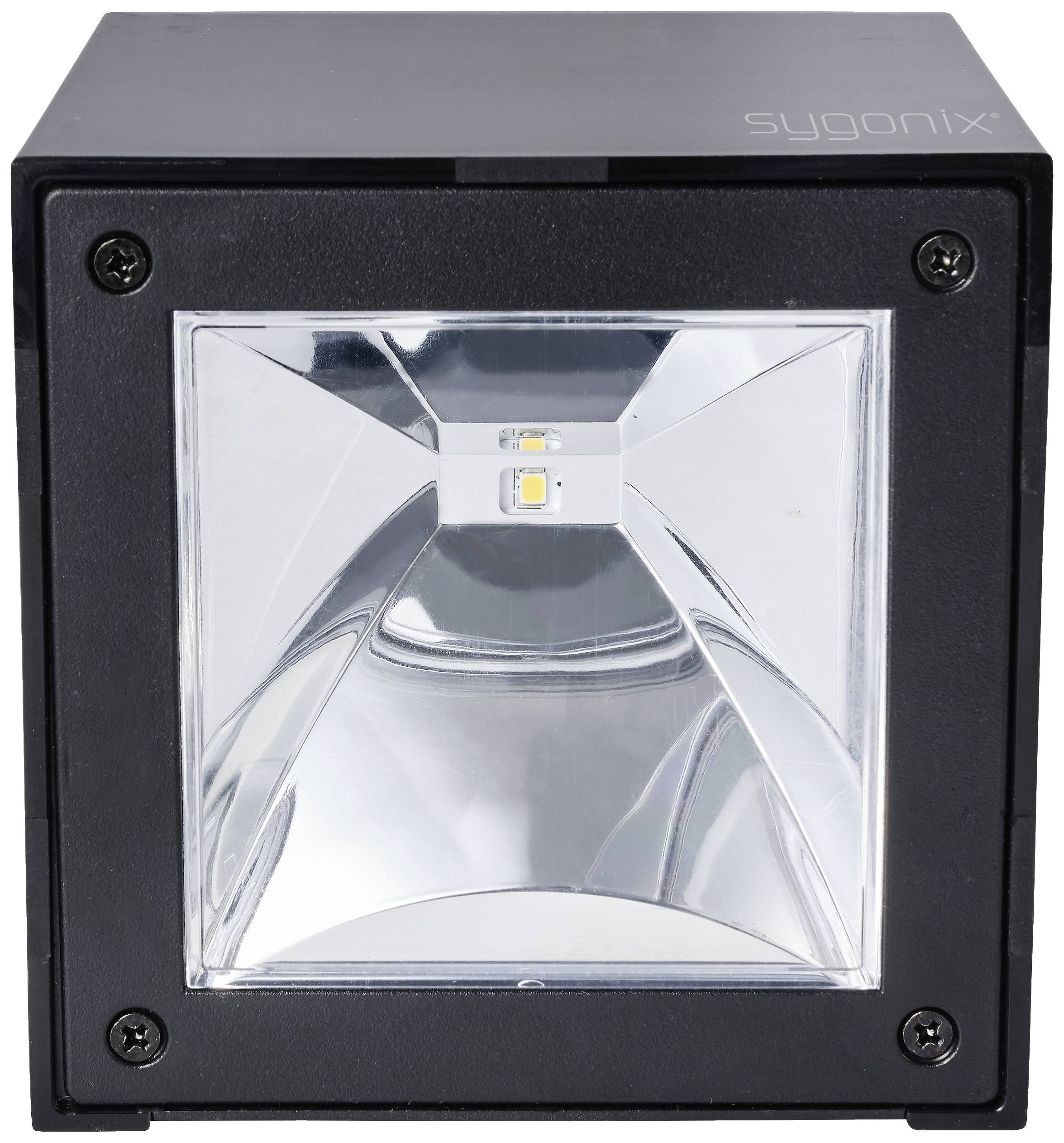 Vierkante LED-wandlamp in zwarte behuizing met reflecterend binnendeel, geschikt voor moderne buitenverlichting.