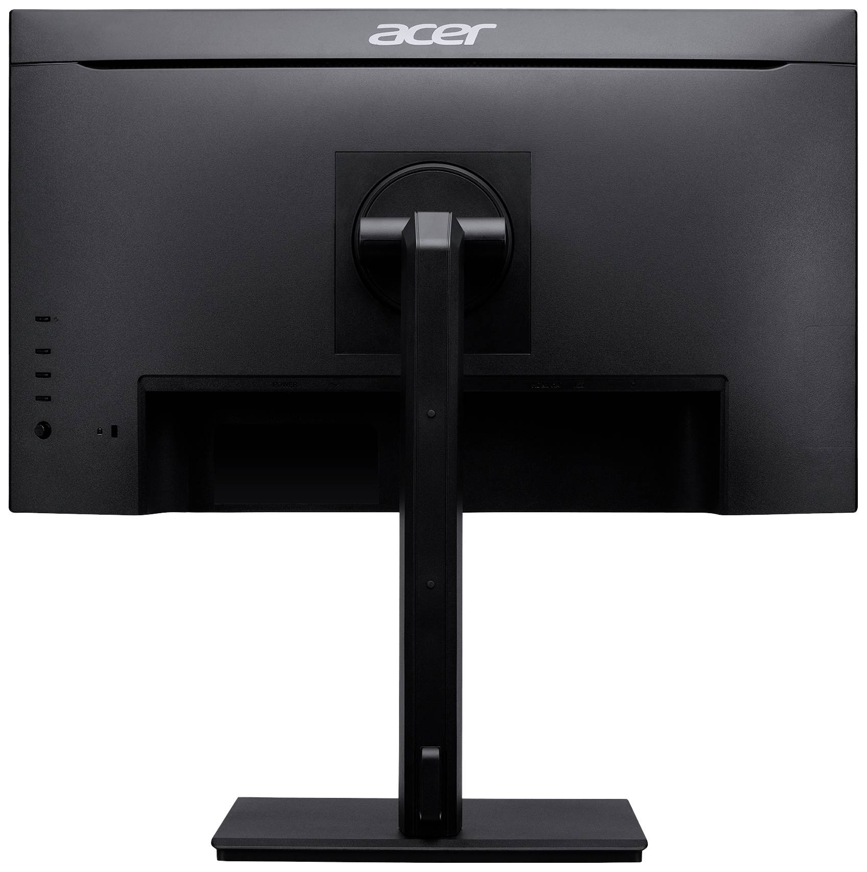 Een zwarte Acer-computermonitor van achteren, gemonteerd op een rechthoekige voet.