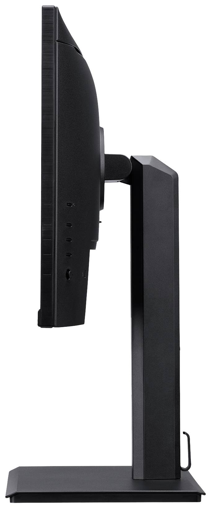 Een zwarte computermonitor in zijaanzicht, toont de slanke constructie en verstelbare standaard.