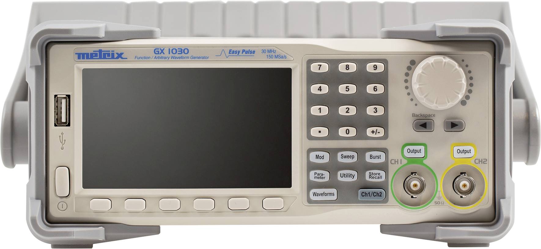 Elektronisch meetapparaat met display, toetsenblok en draaiknop, aangeduid als 'Metrix GX 1030'. Aansluitingen rechtsonder, CH1 en CH2.