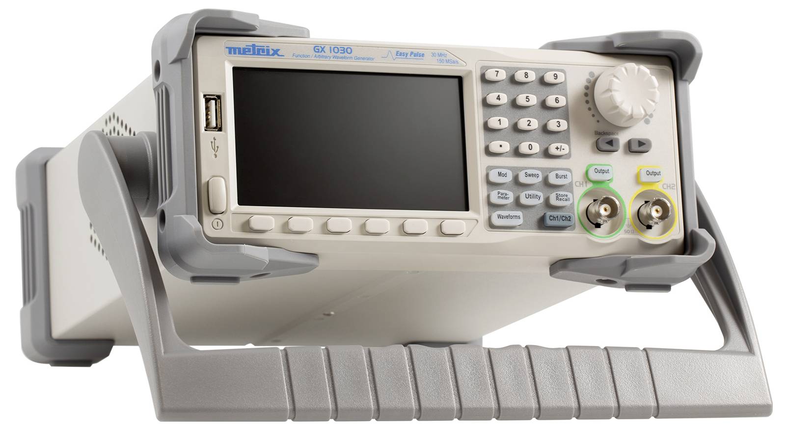 Een elektronisch meetapparaat met een scherm, toetsen en twee aansluitingen, vermoedelijk een signaal- of functiegenerator.