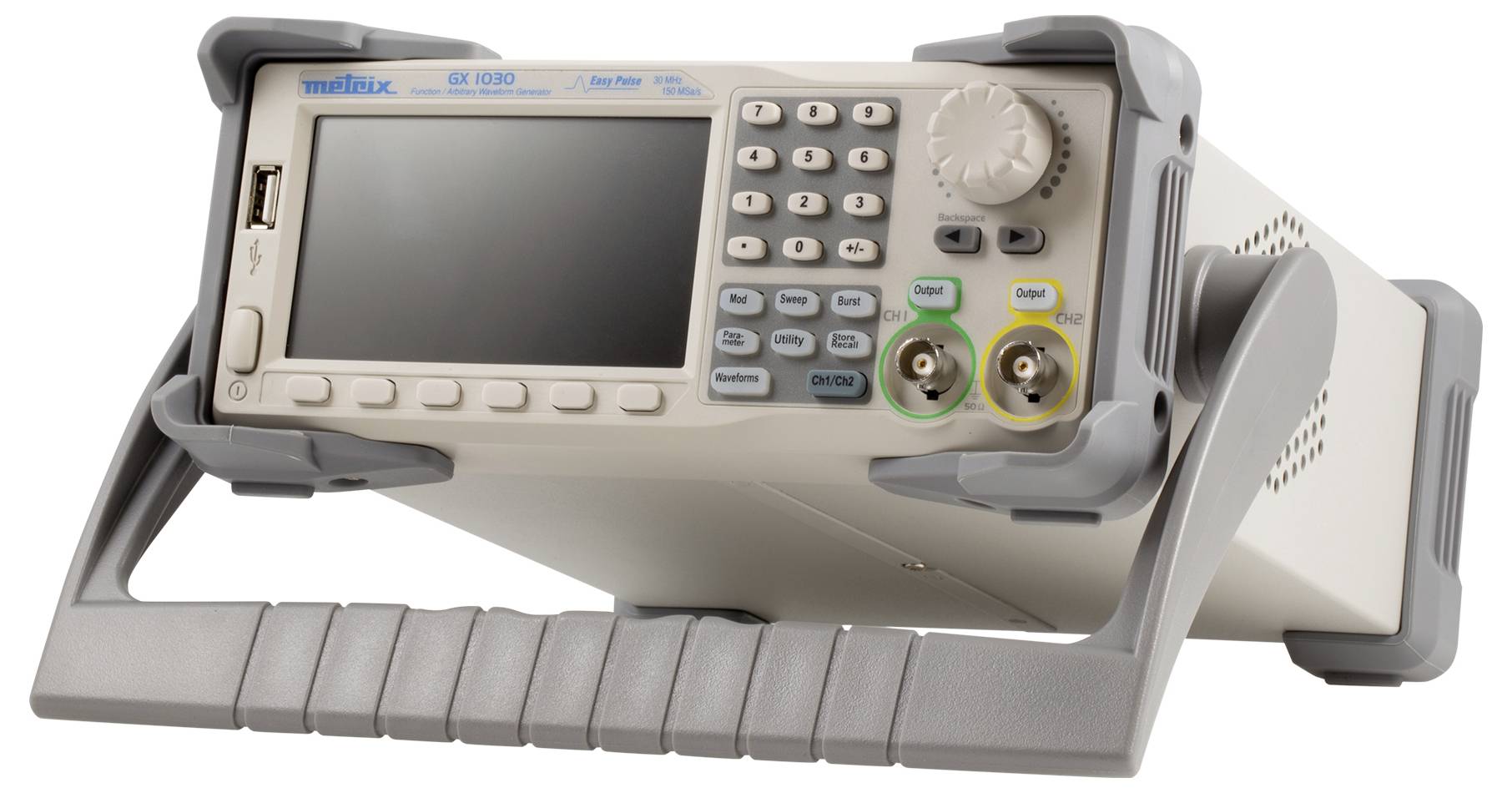 Een oscilloscoop met beeldscherm en bedieningspaneel, gemonteerd op een verstelbare standaard, geschikt voor het meten van elektrische signalen.