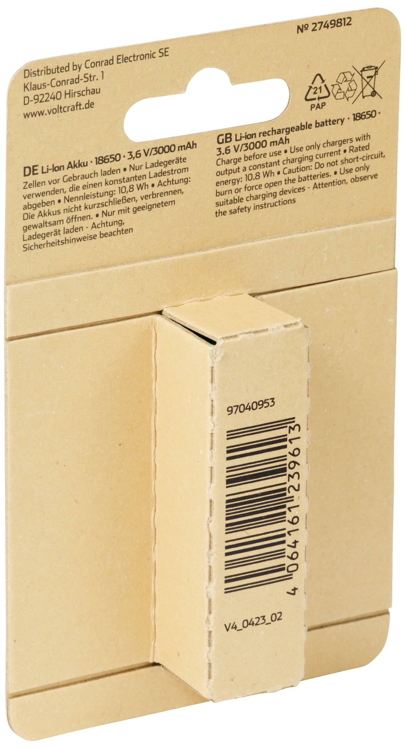 'Packaging of a Li-ion battery 18650 from Conrad Electronic SE, 3.6 V/3000 mAh. Contains German and English product descriptions.'