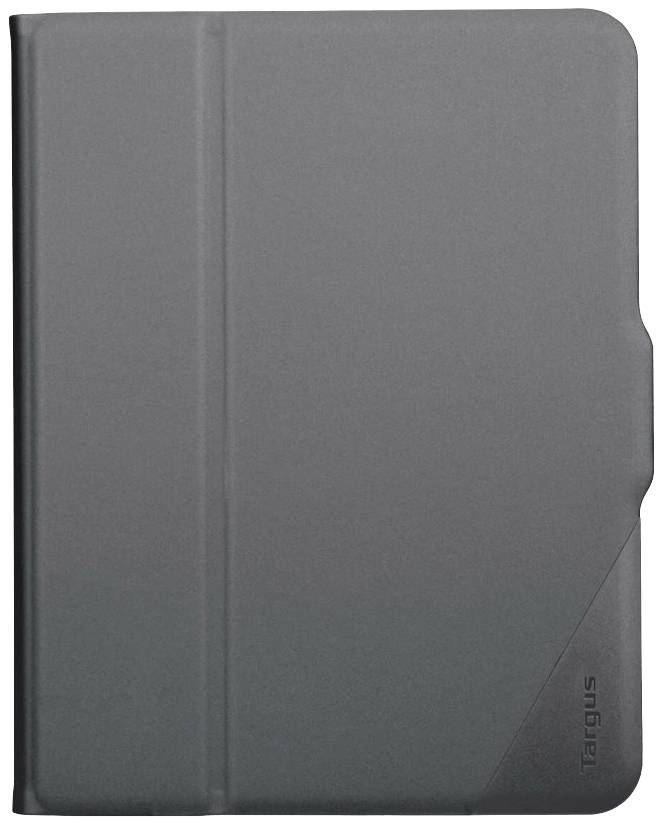 Een donkere leren tablethoes met een strak design. Hij heeft een lichte textuur en een vouw om de tablet rechtop te zetten.