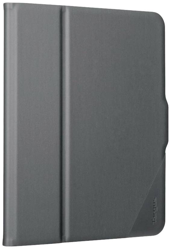 Zwarte, slanke beschermhoes voor een tablet met ingedrukt logo rechtsonder. Hoeken zijn afgerond. Product van het merk Targus.
