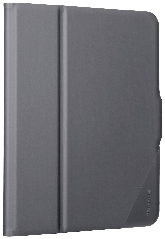 Een zwarte tablethoes met een gladde oppervlakte en opvouwmechanisme, ontworpen voor bescherming en ondersteuning van een tablet.