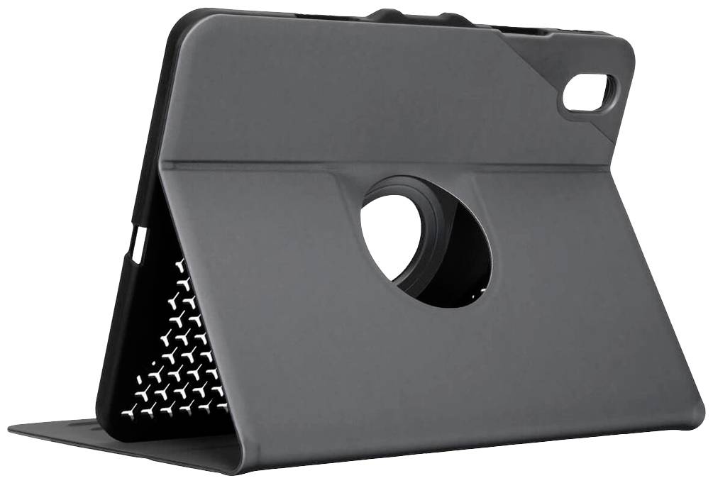 Een zwarte tablet-hoes met een draaibare standaard en isometrisch design. Hij heeft een ronde opening in het midden.