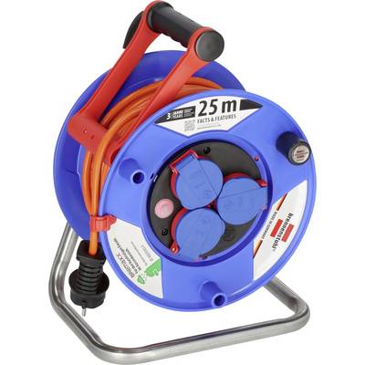 Draagbare blauwe kabelspoel met rood handvat en oranje verlengsnoer, gelabeld 25 m, gemonteerd op een metalen standaard.