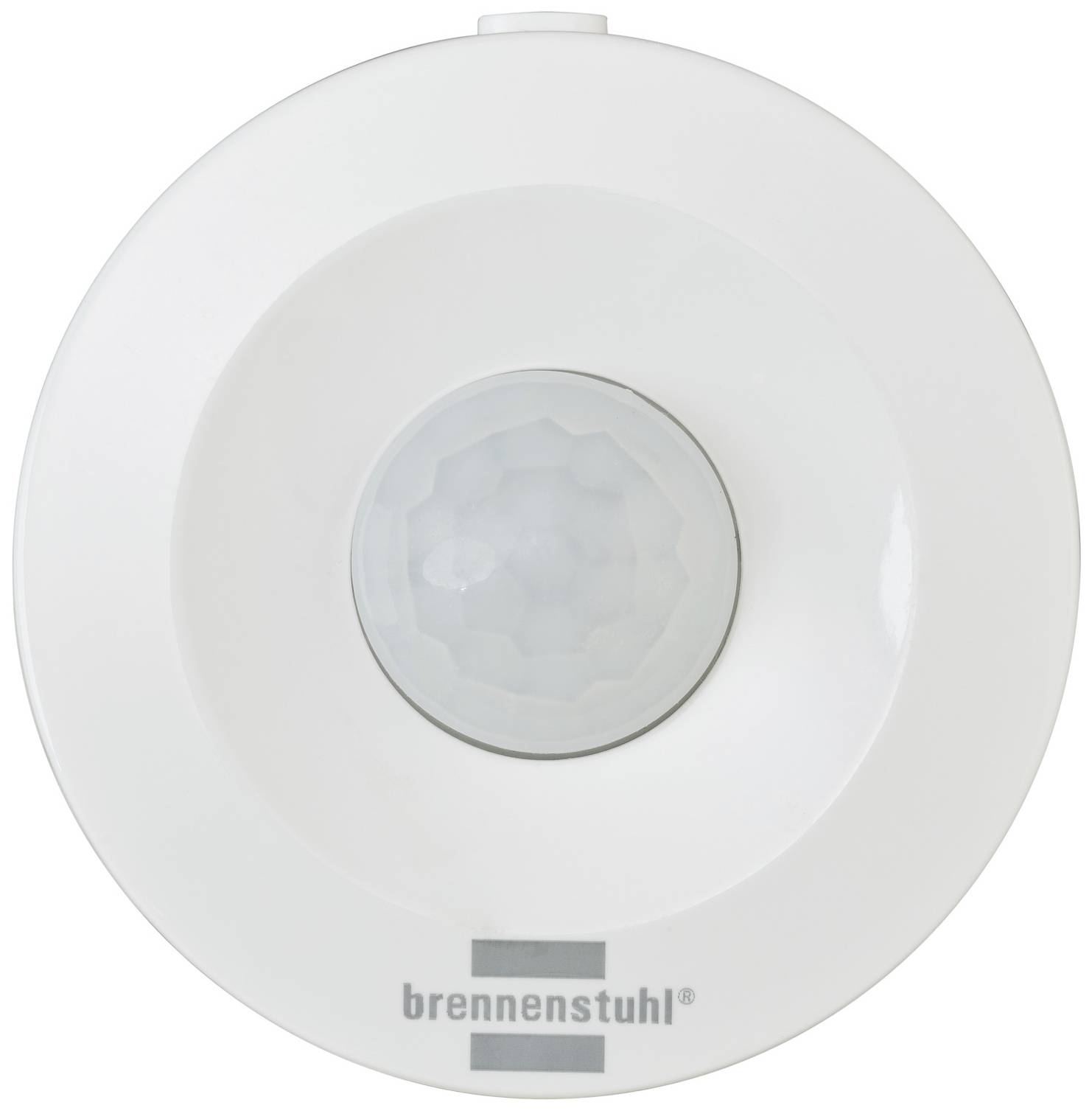 Een ronde, witte bewegingsmelder, gemonteerd aan een plafond. In het midden bevindt zich een transparante sensor.